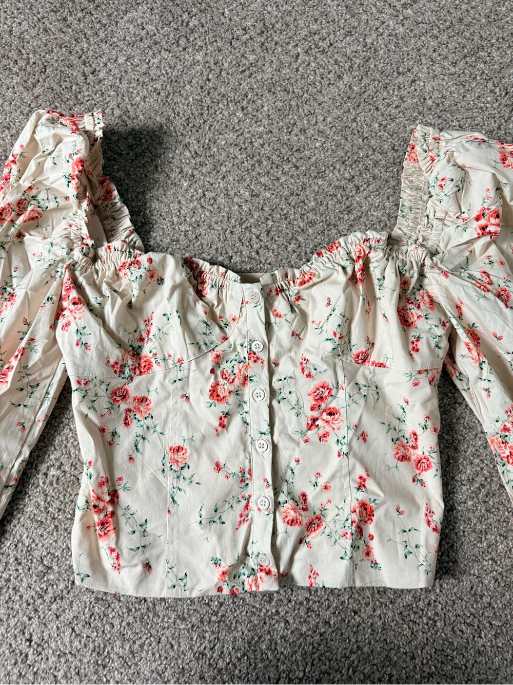We Wore What Cream Floral Button-Front Puff Sleeve Crop Top